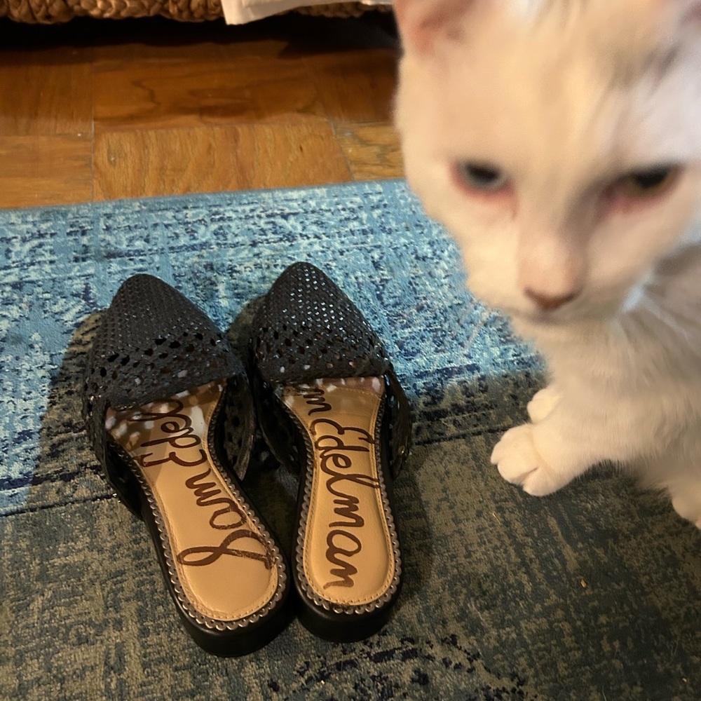 Sam Edelman black leather cut-out slides / mules. 7.5.